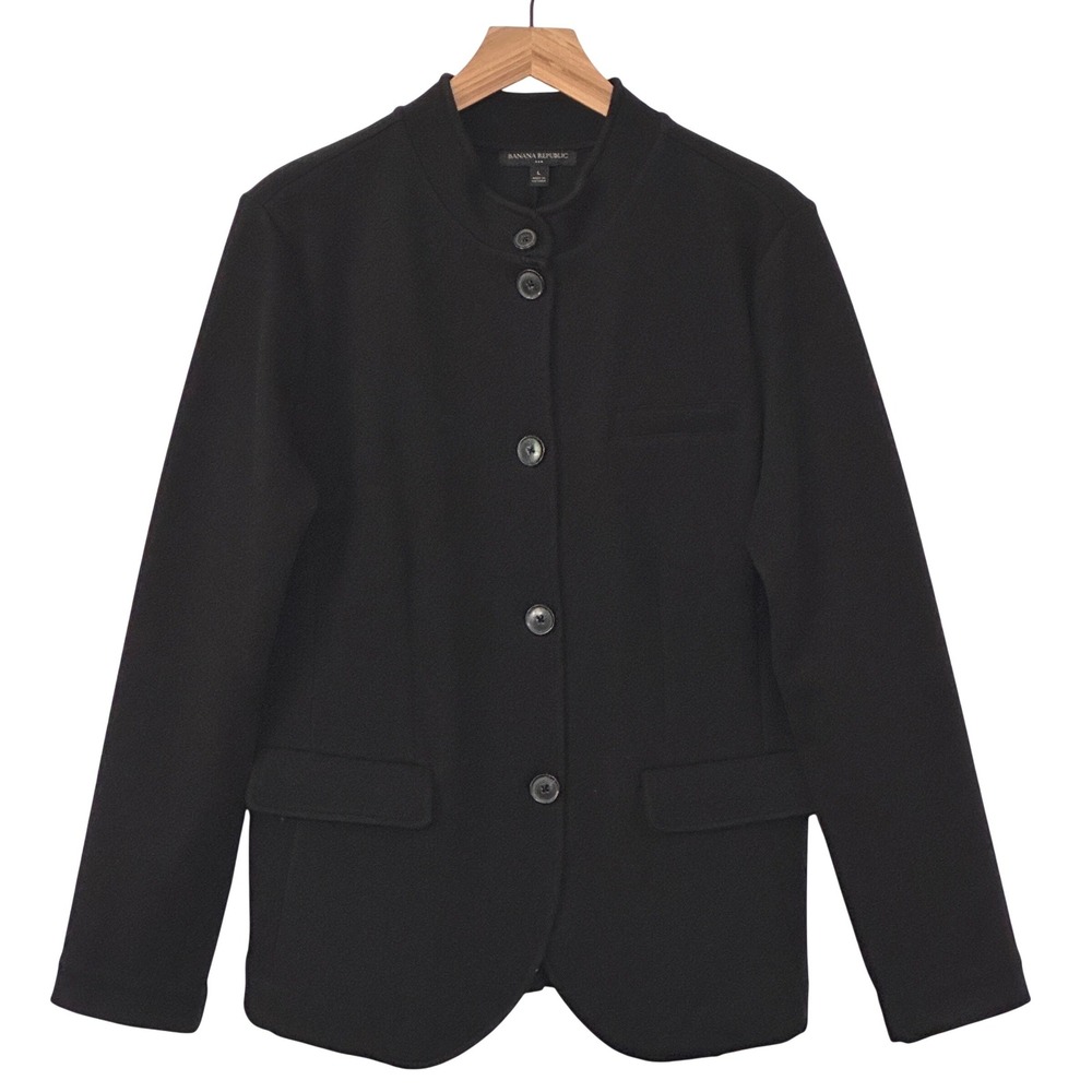 Banana Republic Womens Jacket L Black Knit Pique Band Collar Military Academia